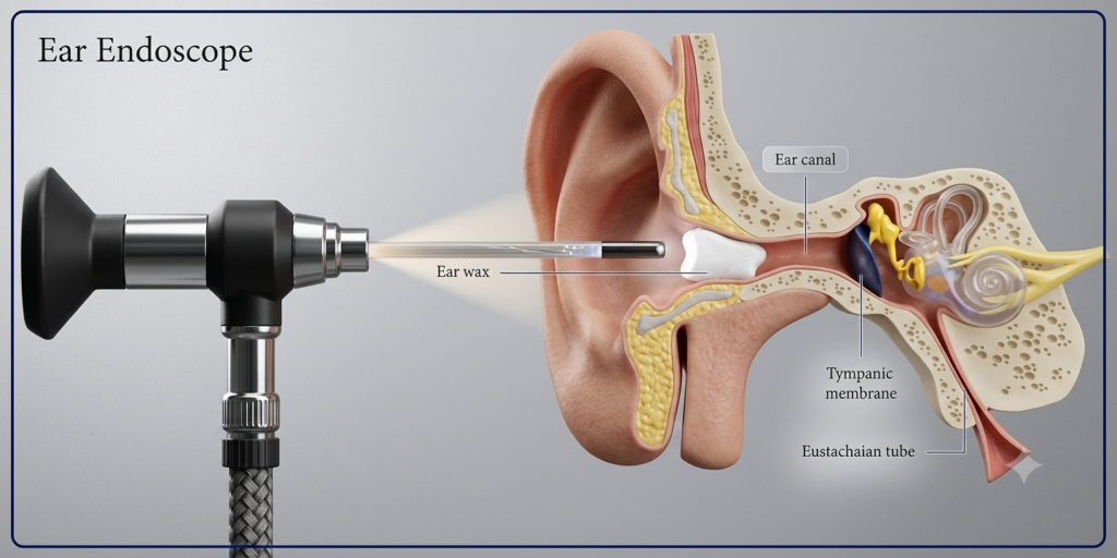 Ear endoscope diagram showing the ear canal, ear wax, tympanic membrane and eustachian tube used during microsuction ear wax removal