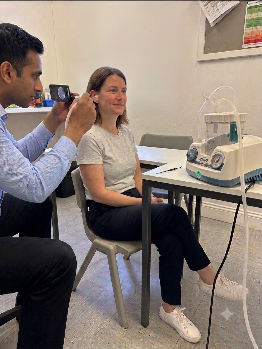 Trained staff performing microsuction ear wax removal on a patient